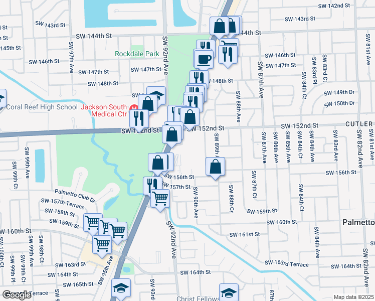 map of restaurants, bars, coffee shops, grocery stores, and more near 9040 Southwest 152nd Street in Miami