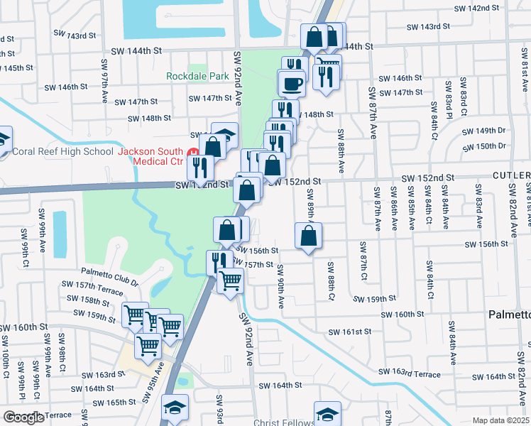map of restaurants, bars, coffee shops, grocery stores, and more near 9040 Southwest 152nd Street in Miami