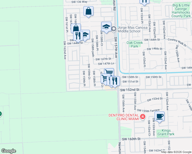 map of restaurants, bars, coffee shops, grocery stores, and more near 15875 Southwest 149th Lane in Miami