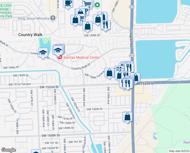 map of restaurants, bars, coffee shops, grocery stores, and more near 14031 Southwest 150th Terrace in Miami