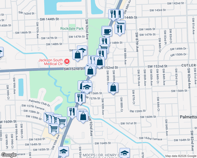 map of restaurants, bars, coffee shops, grocery stores, and more near 15385 South Dixie Highway in Palmetto Bay