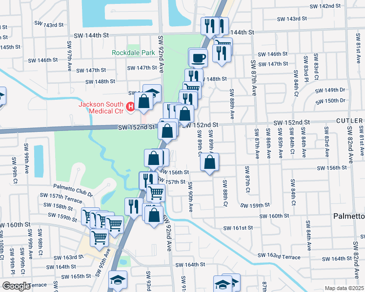 map of restaurants, bars, coffee shops, grocery stores, and more near 9040 Southwest 152nd Street in Miami