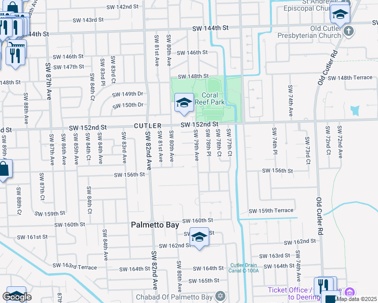 map of restaurants, bars, coffee shops, grocery stores, and more near 7925 Southwest 154th Terrace in Palmetto Bay