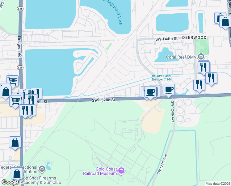 map of restaurants, bars, coffee shops, grocery stores, and more near 15099 Southwest 129th Place in Miami