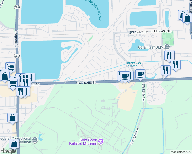 map of restaurants, bars, coffee shops, grocery stores, and more near 15099 Southwest 129th Place in Miami