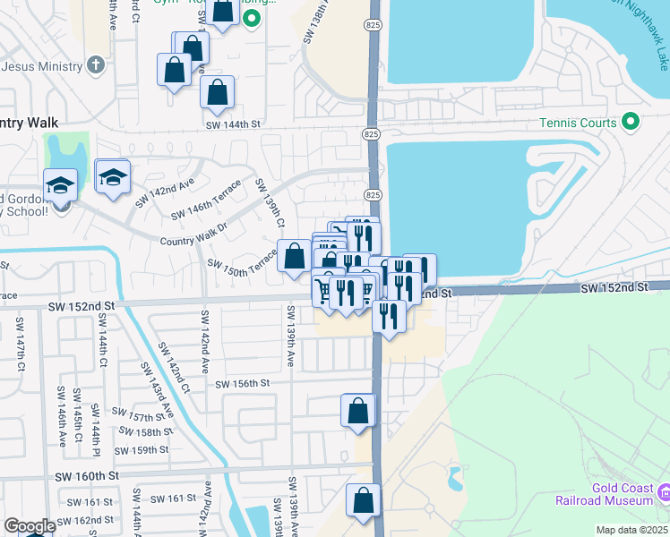 map of restaurants, bars, coffee shops, grocery stores, and more near 13751 Southwest 152nd Street in Miami