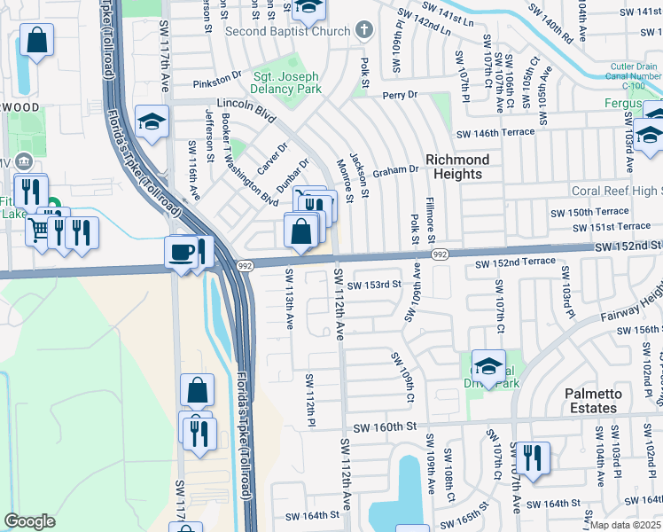 map of restaurants, bars, coffee shops, grocery stores, and more near 11209 Southwest 152nd Terrace in Miami