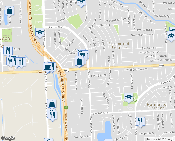 map of restaurants, bars, coffee shops, grocery stores, and more near 11209 Southwest 152nd Terrace in Miami