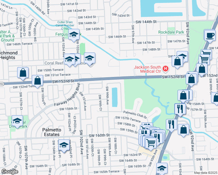 map of restaurants, bars, coffee shops, grocery stores, and more near 15295 Southwest 99th Avenue in Miami