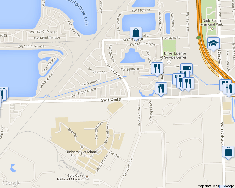 map of restaurants, bars, coffee shops, grocery stores, and more near 15068 Southwest 127th Circle Place South in Miami