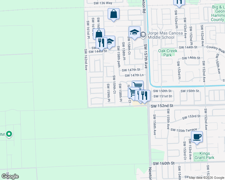 map of restaurants, bars, coffee shops, grocery stores, and more near 14939 Southwest 159th Place in Miami