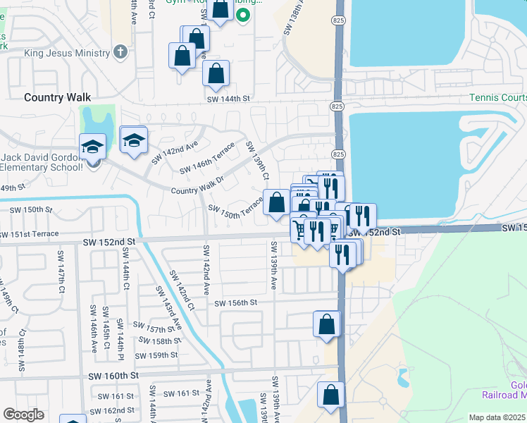 map of restaurants, bars, coffee shops, grocery stores, and more near 15012 Southwest 139th Place in Miami