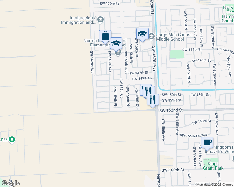 map of restaurants, bars, coffee shops, grocery stores, and more near 14939 Southwest 159th Place in Miami