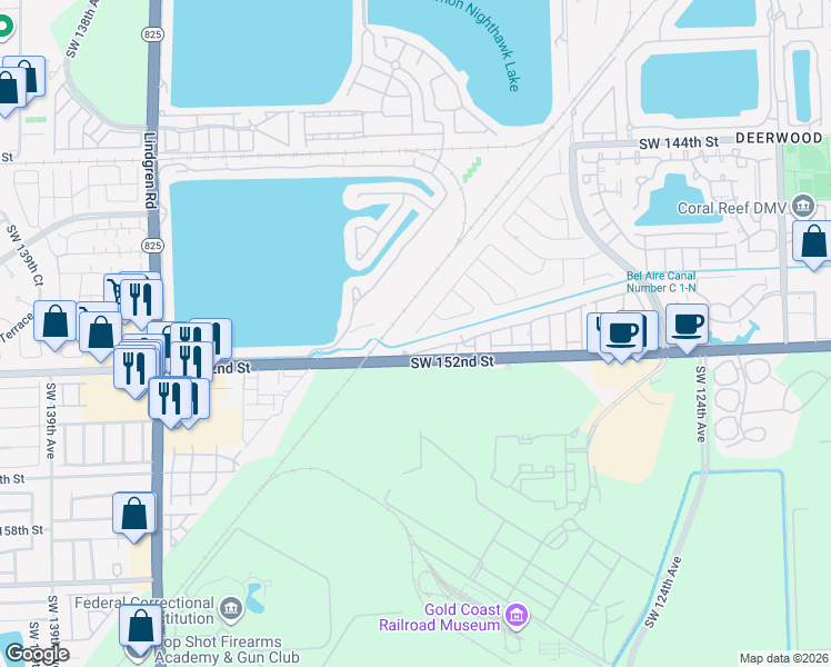 map of restaurants, bars, coffee shops, grocery stores, and more near 14940 Southwest 129th Place Road in Miami