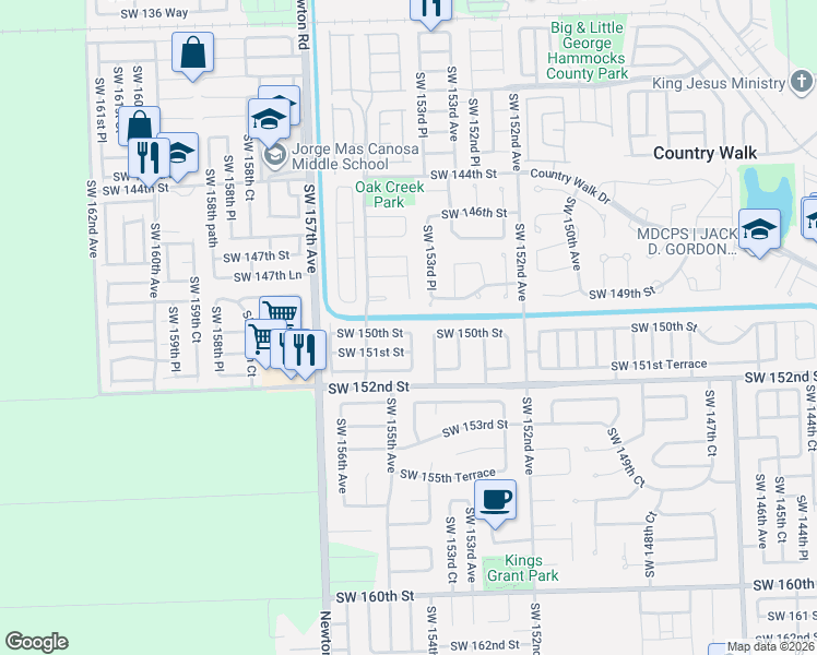 map of restaurants, bars, coffee shops, grocery stores, and more near 15433 Southwest 150th Street in Miami