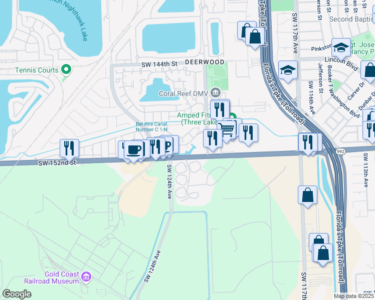 map of restaurants, bars, coffee shops, grocery stores, and more near 12340 Southwest 151st Street in Miami