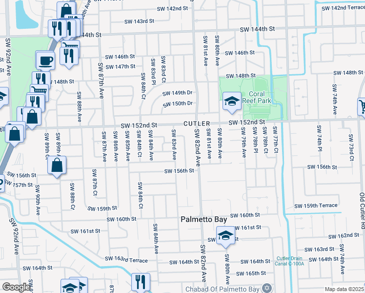 map of restaurants, bars, coffee shops, grocery stores, and more near 15400 Southwest 82nd Court in Palmetto Bay