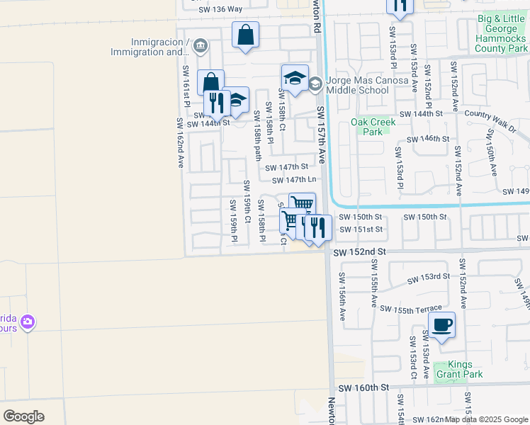 map of restaurants, bars, coffee shops, grocery stores, and more near 15875 Southwest 149th Lane in Miami