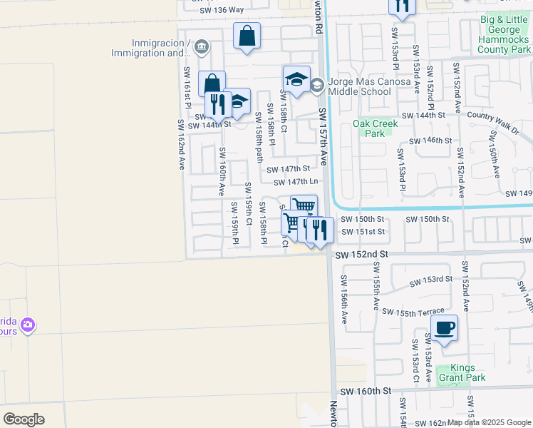 map of restaurants, bars, coffee shops, grocery stores, and more near 15875 Southwest 149th Lane in Miami