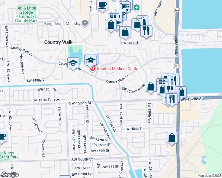 map of restaurants, bars, coffee shops, grocery stores, and more near 15035 Southwest 142nd Place in Miami