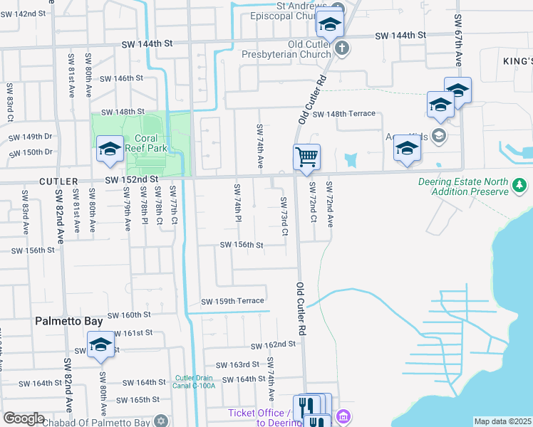 map of restaurants, bars, coffee shops, grocery stores, and more near 7390 Southwest 153rd Street in Miami