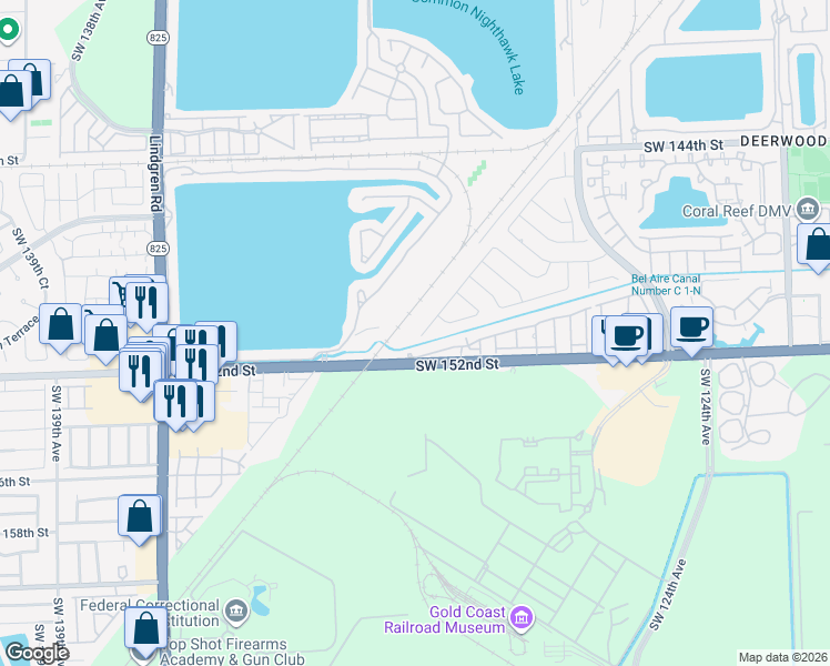 map of restaurants, bars, coffee shops, grocery stores, and more near 14940 Southwest 129th Place Road in Miami
