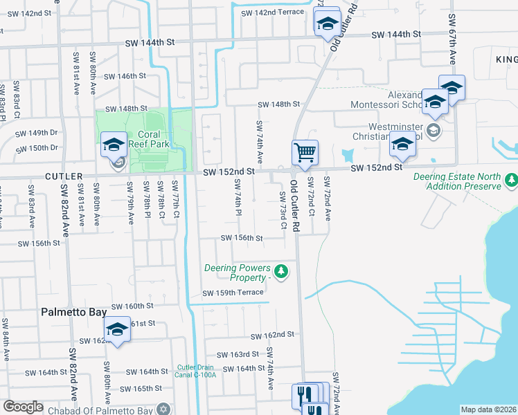 map of restaurants, bars, coffee shops, grocery stores, and more near 7390 Southwest 153rd Street in Miami