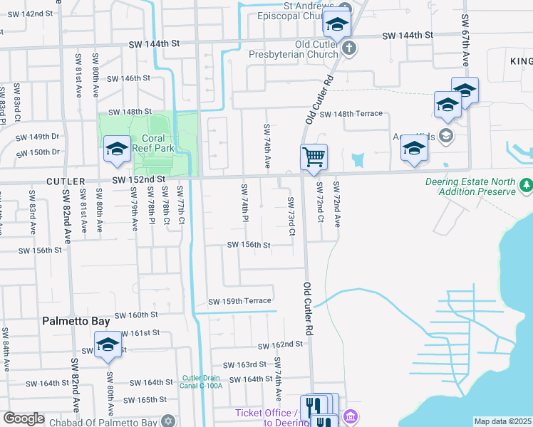 map of restaurants, bars, coffee shops, grocery stores, and more near 7390 Southwest 153rd Street in Miami