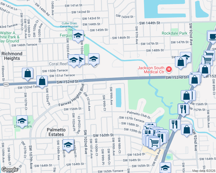 map of restaurants, bars, coffee shops, grocery stores, and more near 15255 Southwest 99th Court in Miami