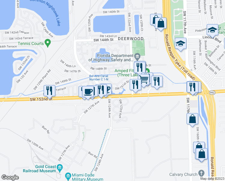 map of restaurants, bars, coffee shops, grocery stores, and more near 12340 Southwest 151st Street in Miami
