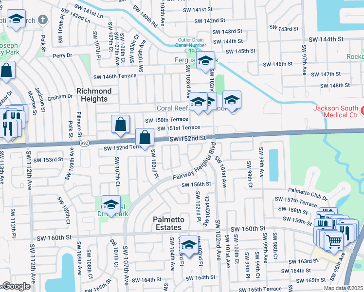 map of restaurants, bars, coffee shops, grocery stores, and more near 15255 SW 102nd Rd in Miami