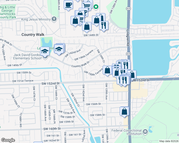 map of restaurants, bars, coffee shops, grocery stores, and more near 14031 Southwest 150th Terrace in Miami