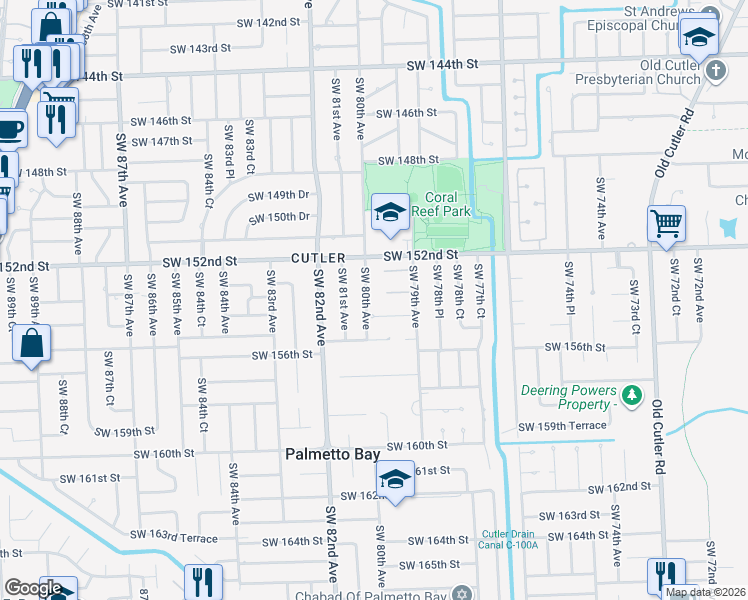 map of restaurants, bars, coffee shops, grocery stores, and more near 15400 Southwest 80th Avenue in Palmetto Bay