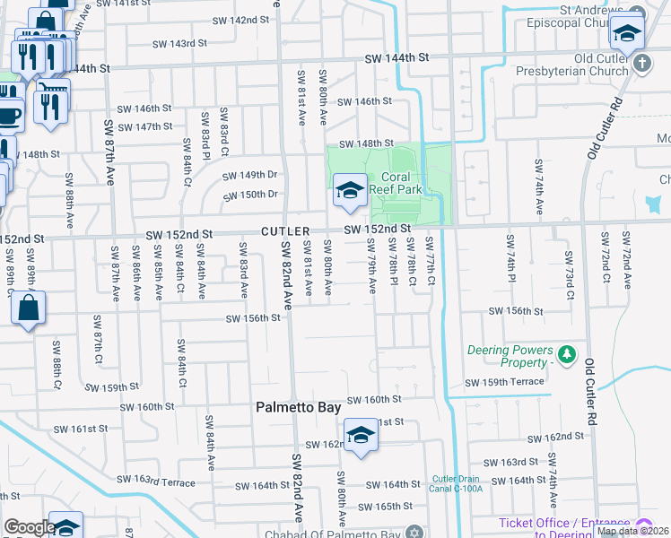 map of restaurants, bars, coffee shops, grocery stores, and more near 15400 Southwest 80th Avenue in Palmetto Bay