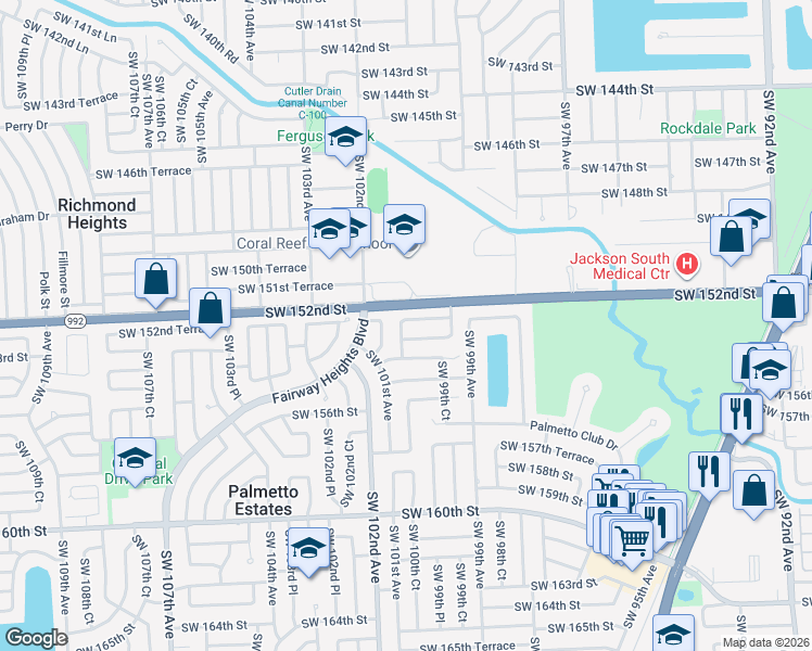 map of restaurants, bars, coffee shops, grocery stores, and more near 9977 Southwest 153rd Street in Miami