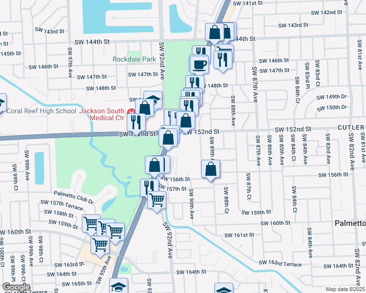 map of restaurants, bars, coffee shops, grocery stores, and more near 9040 Southwest 152nd Street in Miami