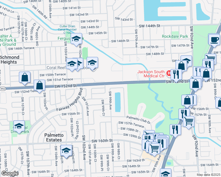 map of restaurants, bars, coffee shops, grocery stores, and more near 15295 Southwest 99th Avenue in Miami