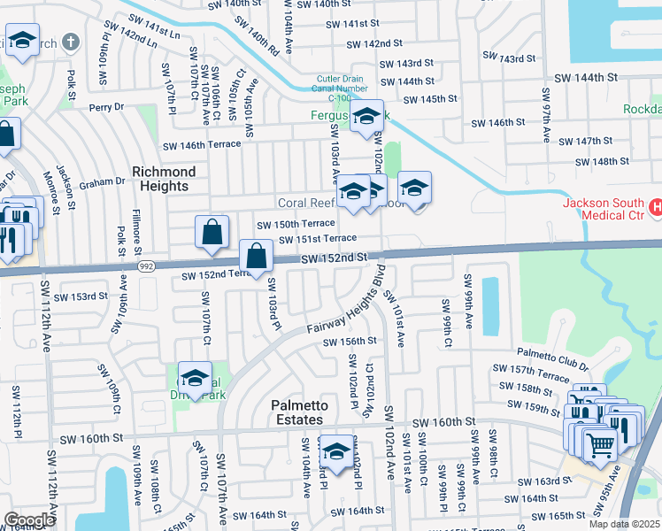 map of restaurants, bars, coffee shops, grocery stores, and more near 15255 Southwest 102nd Road in Miami