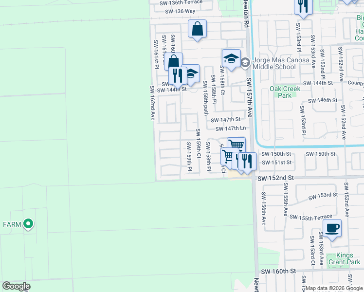 map of restaurants, bars, coffee shops, grocery stores, and more near 16056 Southwest 149th Terrace in Miami