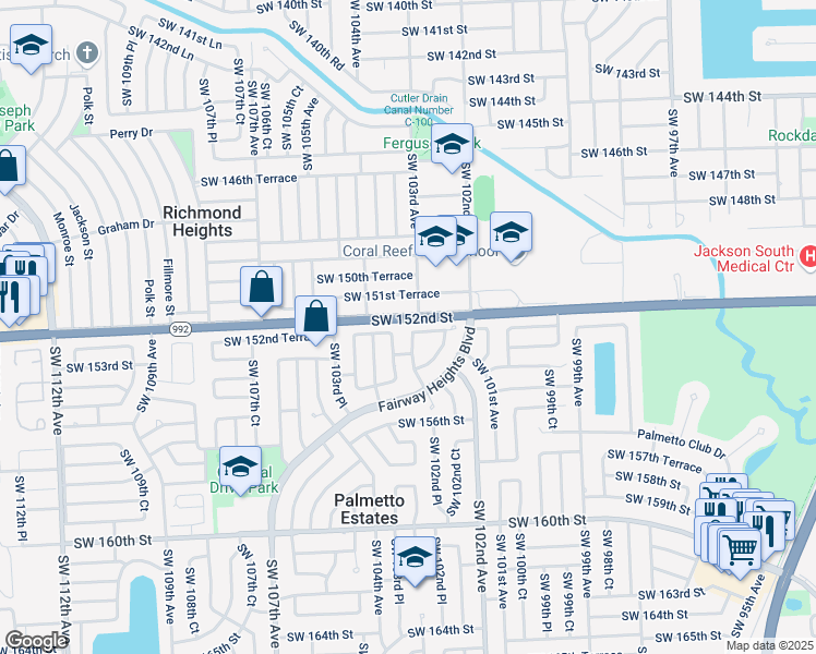 map of restaurants, bars, coffee shops, grocery stores, and more near 15255 Southwest 102nd Road in Miami