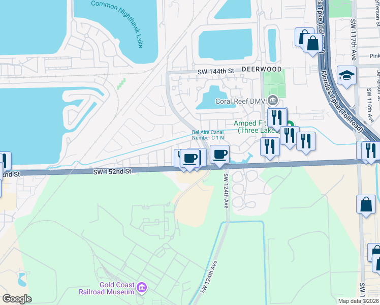 map of restaurants, bars, coffee shops, grocery stores, and more near 15068 Southwest 127th Circle Place South in Miami