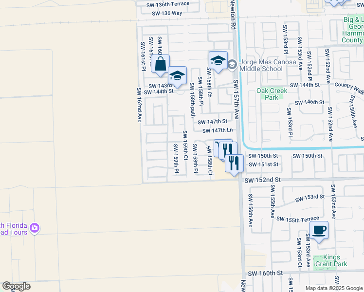 map of restaurants, bars, coffee shops, grocery stores, and more near 14874 Southwest 159th Court in Miami