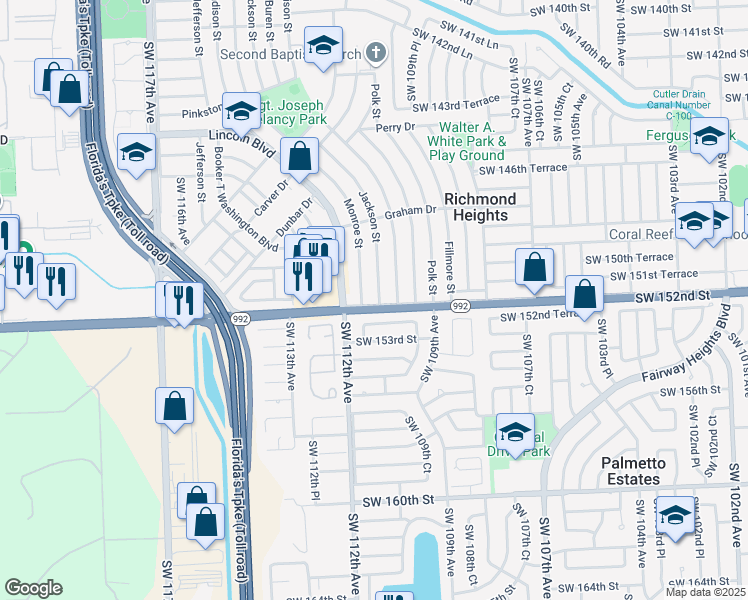 map of restaurants, bars, coffee shops, grocery stores, and more near 11025 Southwest 152nd Terrace in Miami