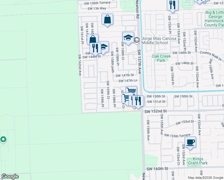 map of restaurants, bars, coffee shops, grocery stores, and more near 15875 Southwest 149th Lane in Miami