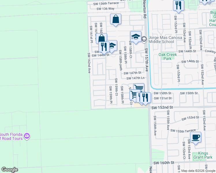 map of restaurants, bars, coffee shops, grocery stores, and more near 14939 Southwest 159th Place in Miami