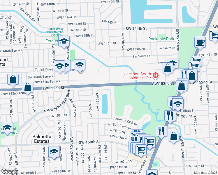 map of restaurants, bars, coffee shops, grocery stores, and more near 9855 Southwest 152nd Street in Miami