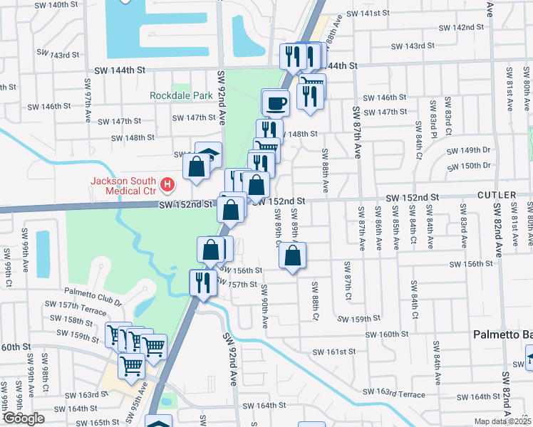 map of restaurants, bars, coffee shops, grocery stores, and more near 9024 Southwest 152nd Street in Palmetto Bay