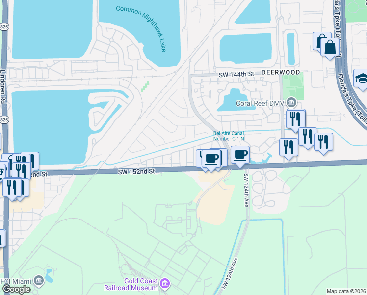 map of restaurants, bars, coffee shops, grocery stores, and more near 12740 Southwest 149th Street in Miami