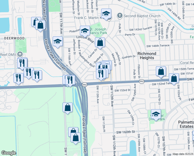 map of restaurants, bars, coffee shops, grocery stores, and more near 15024 Southwest 113th Court in Miami