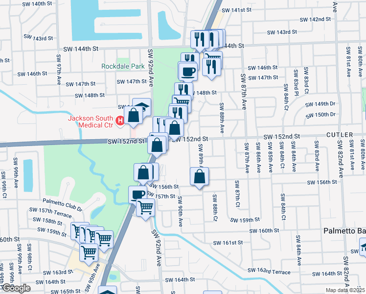 map of restaurants, bars, coffee shops, grocery stores, and more near in Palmetto Bay